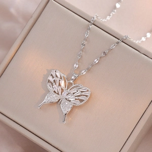 Fashion butterfly pendant necklace in silver tone with sparkling zircon crystal stones