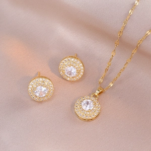Elegante Halskette Mit Blumenanhänger Und Ohrringe Edelstahl Rundes Halo Funkelnder Schmuck Für Frauen