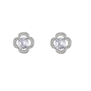 Boucles d'oreilles trèfle à quatre feuilles avec zircons brillants et métal argenté