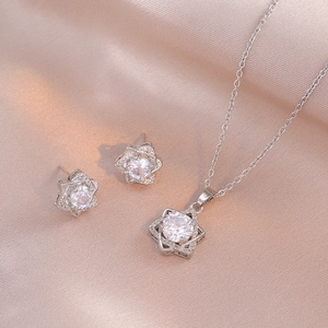 Elegant Flower Hexagonal Star Necklace And Earrings Titanium Steel Zircon Inlaid Jewelry Accessory For Women