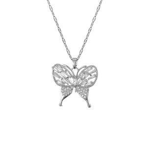 Elegant silver butterfly pendant necklace with cubic zirconia stones on thin chain