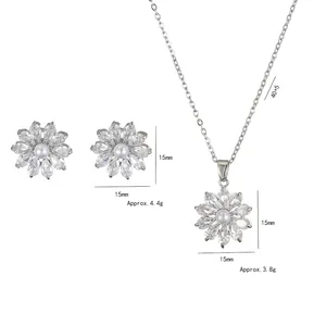 Elegant floral zircon and pearl jewelry set with necklace and stud earrings