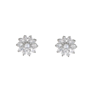 Elegant silver flower stud earrings featuring marquise zircon petals and center pearl
