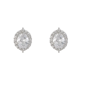 Classic silver oval halo stud earrings featuring sparkling cubic zirconia for weddings