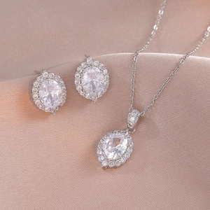 Pendant Necklace And Stud Earrings Titanium Steel Shiny Zircon Oval Halo Flower Elegant Fashion Jewelry For Women Gift