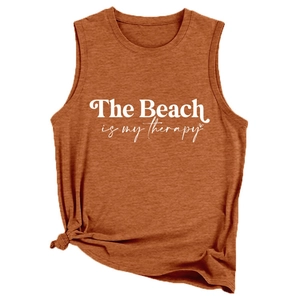 Débardeur femme orange rouille avec texte blanc The Beach is my therapy imprimé