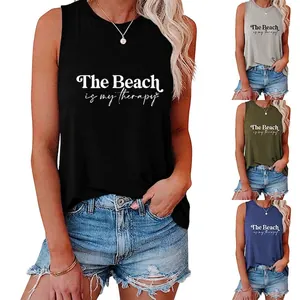 Débardeur Femme Sans Manches Col Rond Mélange De Coton Imprimé Slogan Plage Décontracté Gilet Muscle Ample