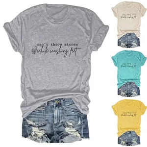 T-Shirt Décontracté en Mélange de Coton pour Femmes Col Rond Manches Courtes Imprimé Slogan Floral Coupe Large