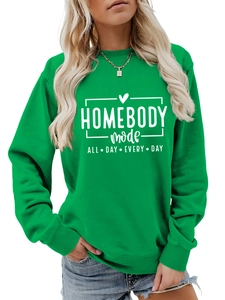 Detail of green crewneck sweatshirt with white Homebody Mode All Day art print