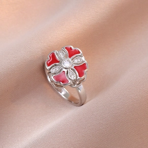 Bague fleur rouge rotative en acier titane avec cristal zircon pour mode féminine