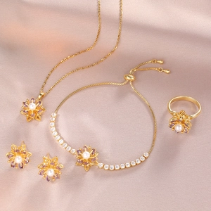 Titanstahl Blumen Halskette Ohrringe Ring Armband Für Damen Zirkonia Künstliche Perle Gänseblümchen Floral Mode Pendler Schmuck Zubehör