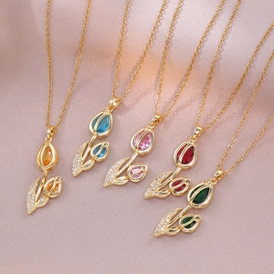 Tulip Pendant Necklace Stainless Steel Zircon Flower Elegant Jewelry For Women Floral Design Light Luxury Trendy Accessory
