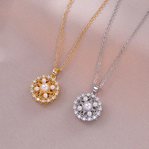 Vintage Edelstahl Blume Perle Anhänger Halskette Für Damen Imitierte Perle Zirkonia Gold Silber Plattiert Hof Schmuck