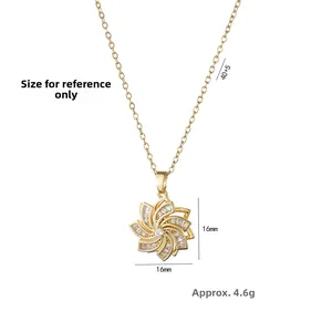 Gold rotating flower pendant necklace with zircon stones 40+5cm chain size 16x16mm