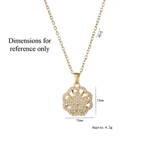 Collier avec pendentif fleur rotative en zircon et acier titane doré étincelant