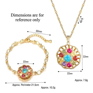 Golden jewelry set with colorful zircon floral pendant necklace and matching bracelet
