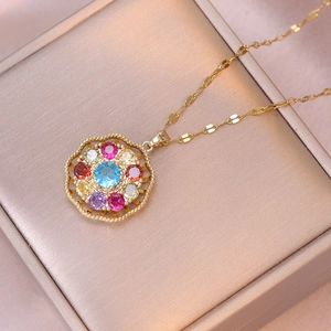 Vintage style gold necklace with blue and colorful zircon gemstone floral pendant