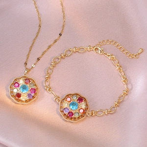 Rotating Flower Pendant Stainless Steel Zirconia Multicolor Stone Necklace Bohemian Style Gold Plated Jewelry For Women