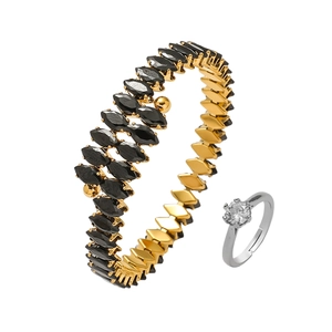Titanium steel open cuff bracelet with black marquise stones and silver zircon ring set