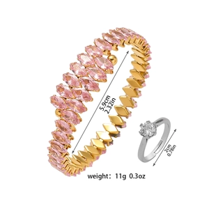 Pink marquise crystal bracelet and silver ring set showing diameter and weight details