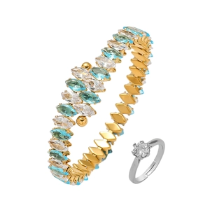 Gold open bangle with colorful marquise stones and silver six-prong cubic zirconia ring set