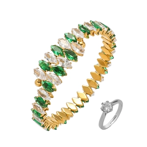 18K gold plated bangle with marquise green zircon and solitaire silver ring set