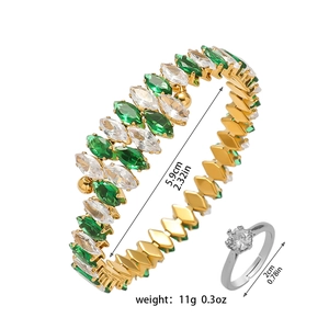 18K gold plated stainless steel jewelry set with green zircon bangle and solitaire ring