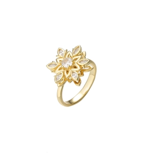 Gedetailleerde macro-opname van gouden bloemring met zirkonia bloemblaadjes op wit