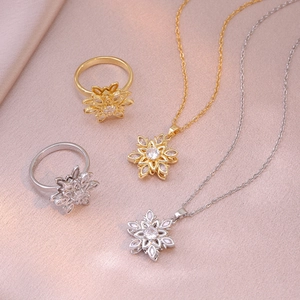 Roterende Zirkonia Bloem Halsketting Ring Set Roestvrij Staal Goud Zilver Ingelegde Edelsteen Elegante Mode Sieraden Voor Vrouwen Cadeau