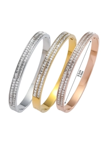 Three-color titanium steel bangles with sparkling zircon inlay showing 6.5cm diameter