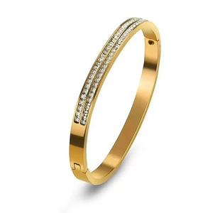 Polished gold plated stainless steel bangle with double row square zircon stones