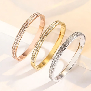 Three-color stainless steel hinge bracelets with double-row cubic zirconia inlay