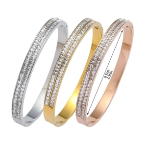 Three-piece stainless steel zircon bangle set in gold, silver, and rose gold finishes