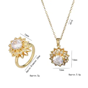 Set gioielli girasole rotante con collana e anello in acciaio al titanio dorato