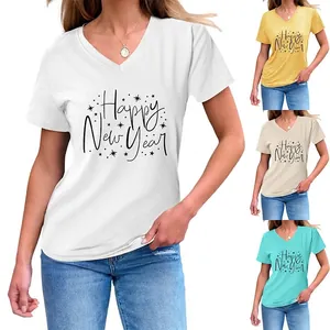 T-Shirt À Col En V Et Manches Courtes Happy New Year Femme Mélange De Coton Imprimé Étoiles Noeud Latéral Top Décontracté