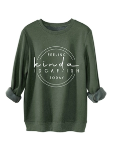 Detail of dark green sweatshirt with grey fleece lining and IDGAF-ISH slogan print