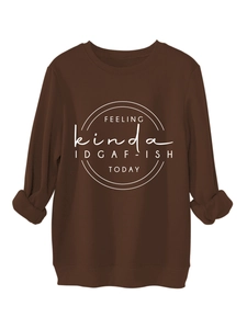 Detailed view of dark brown crewneck sweatshirt with IDGAF-ISH slogan print and ribbed cuffs