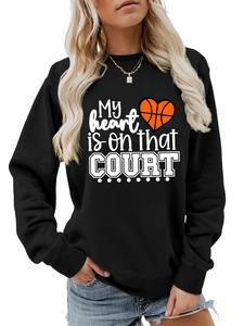 Detail of My Heart is on That Court print on casual black long sleeve sweatshirt
