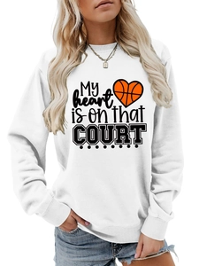 Detail of ribbed cuffs and high-quality My Heart Is On That Court print on white sweatshirt