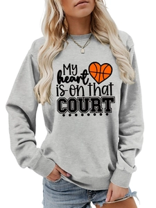 Detail of grey basketball sweatshirt showing My heart is on that COURT print