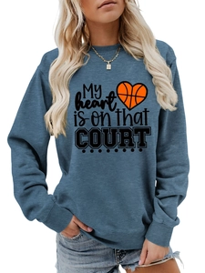 Detail of My Heart Is On That Court basketball heart print on navy blue sweatshirt