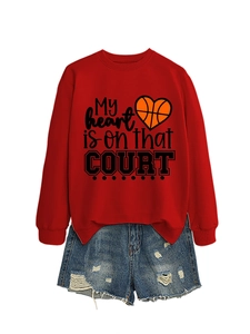Detail of red crewneck sweatshirt with My heart is on that COURT basketball print