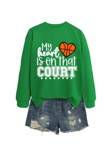 Detail of green crewneck sweatshirt with 'My heart is on that COURT' basketball print