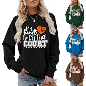 Women's Casual Cotton Blend Sweatshirt Basketball Heart Letter Print Loose Long Sleeve Round Neck Pullover Top