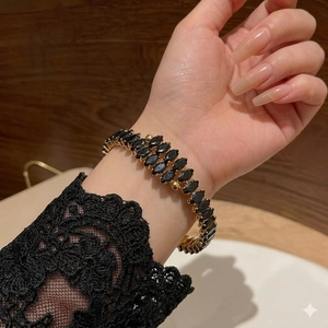 Stainless Steel Bangle For Women With Double Row Black Marquise Zircon Gold Plated Open Cuff Fashion Jewelry Gift