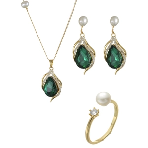 Elegant gold-plated freshwater pearl and emerald green pear-cut zircon jewelry set