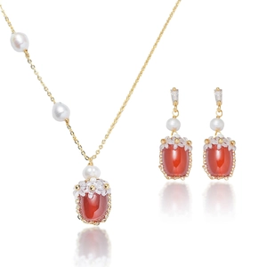 Collier Et Boucles d'Oreilles Pendentif Fleur en Acier Titane Vintage Perle d'Eau Douce Agate Rouge Strass Pour Femmes
