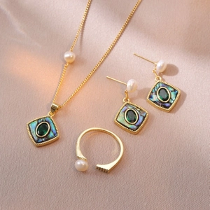 Vintage Titanium Steel Rhombus Necklace Earrings Open Ring With Freshwater Pearl Abalone Shell Zirconia Geometric Jewelry For Women Party