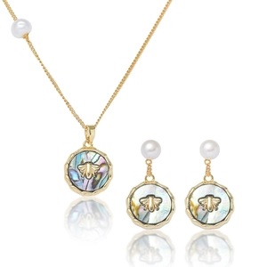 Bee Jewelry Set With Freshwater Pearl And Abalone Shell Titanium Steel Necklace Earrings Open Ring For Women Elegant Retro