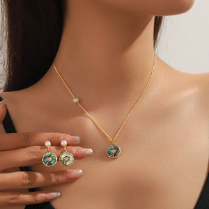 Gold bee pendant necklace and earring set with abalone shell and freshwater pearls
